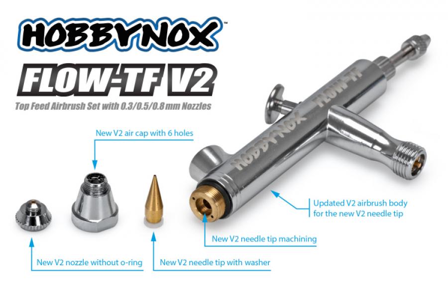 FLOW-TF V2 Airbrush Top Feed 0.3/0.5/0.8mm 2/5/13cc 1.8m Hose