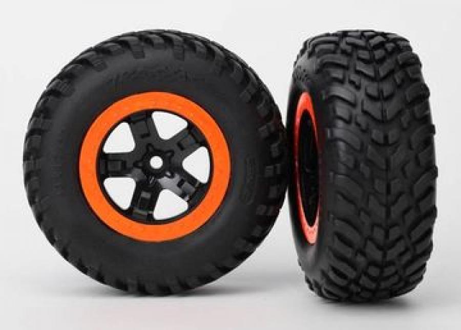 Traxxas Tire & wheel assy, glued (SCT black, orange beadlock wheels, TRX5864