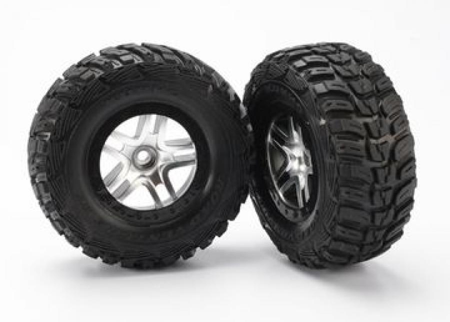 Traxxas Tires & wheels, assembled, glued (SCT Split-Spoke satin chrome, black beadlock style wheels, Kumho tires, foam inserts) (2) (2WD front) TRX588