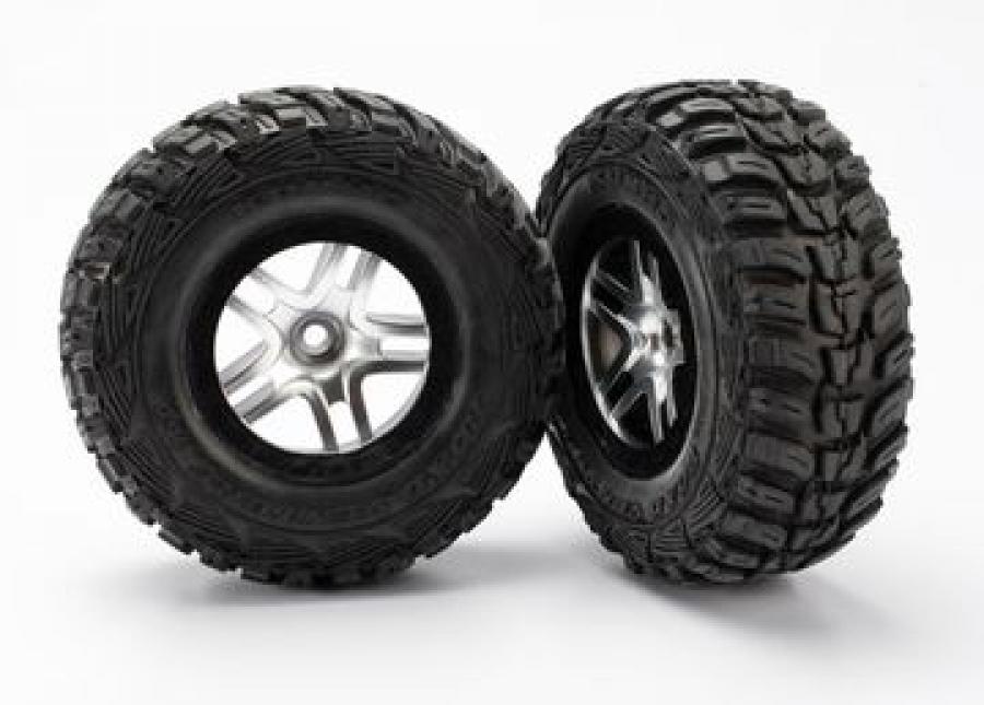 Traxxas Tires & wheels, assembled, glued (S1 ultra-soft off-road racing compound) (SCT Split-Spoke satin chrome, black beadlock style wheels, Kumho ti