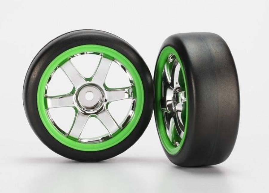 Traxxas Tires & Wheels Gymkhana/Volk Racing TE37 Chrome-Green 1/16 TRX7375