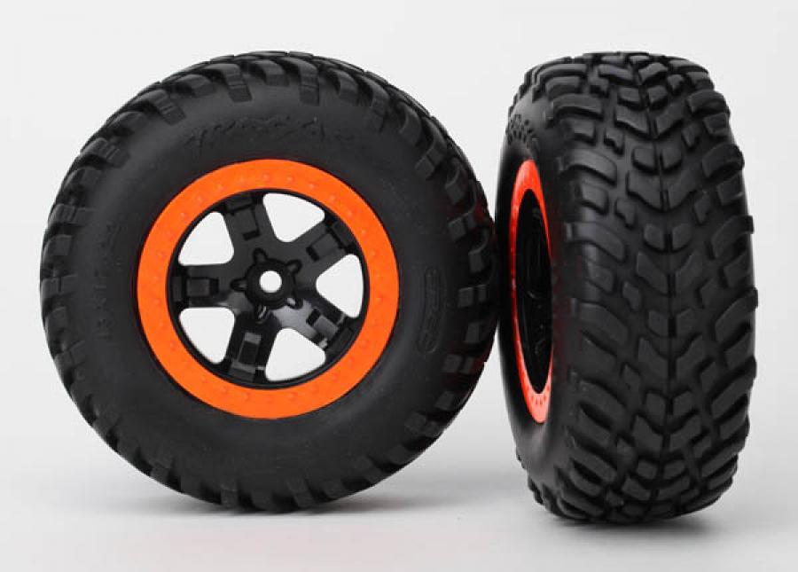 Traxxas Tire & wheel assy, glued (SCT black, orange beadlock wheels, TRX5864