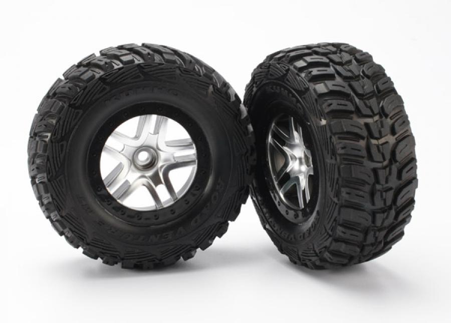 Traxxas Tires & wheels, assembled, glued (SCT Split-Spoke satin chrome, black beadlock style wheels, Kumho tires, foam inserts) (2) (2WD front) TRX588