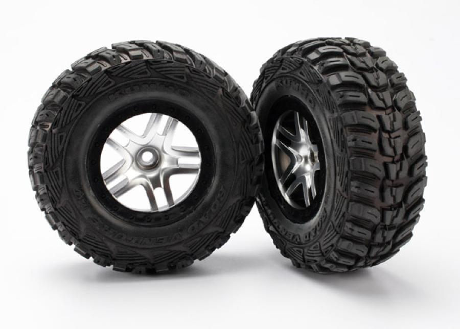 Traxxas Tires & wheels, assembled, glued (S1 ultra-soft off-road racing compound) (SCT Split-Spoke satin chrome, black beadlock style wheels, Kumho ti
