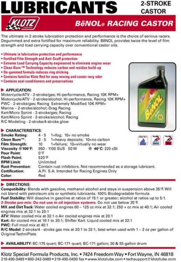 Klotz Benol Racing Castor 2-Stroke Oil 1 Gallon BC171