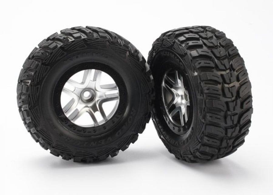Traxxas Tires & wheels, assembled, glued (SCT Split-Spoke satin chrome, black beadlock style wheels, Kumho tires, foam inserts) (2) (2WD front) TRX588