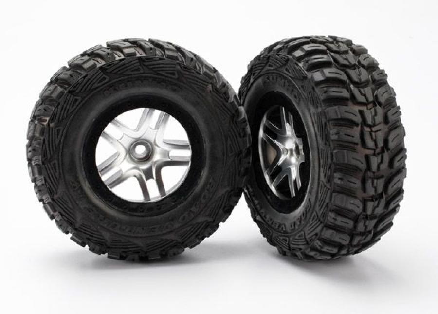 Traxxas Tires & wheels, assembled, glued (S1 ultra-soft off-road racing compound) (SCT Split-Spoke satin chrome, black beadlock style wheels, Kumho ti