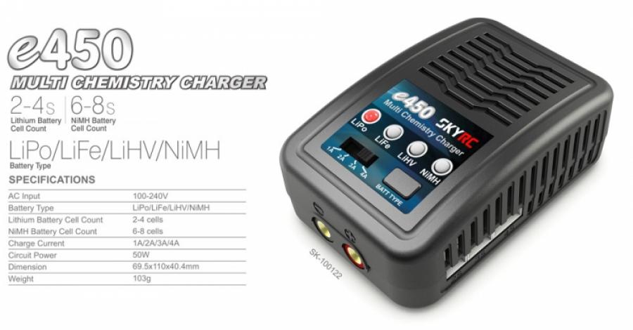 SkyRC e450 ChargerLiPo/LiFe/LiHV 2-4S, NiMH 6-8, 50W 240VAC