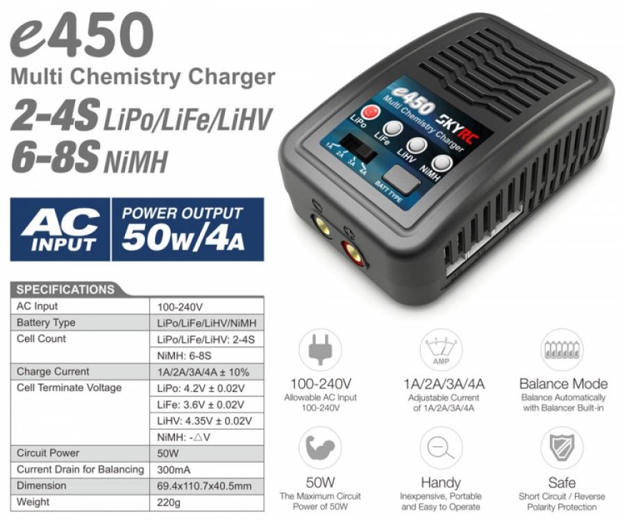 SkyRC e450 ChargerLiPo/LiFe/LiHV 2-4S, NiMH 6-8, 50W 240VAC