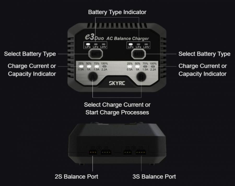 Laturi SkyRC e3 Duo Charger 2-3s LiPo/LiFe/LiHV 240VAC