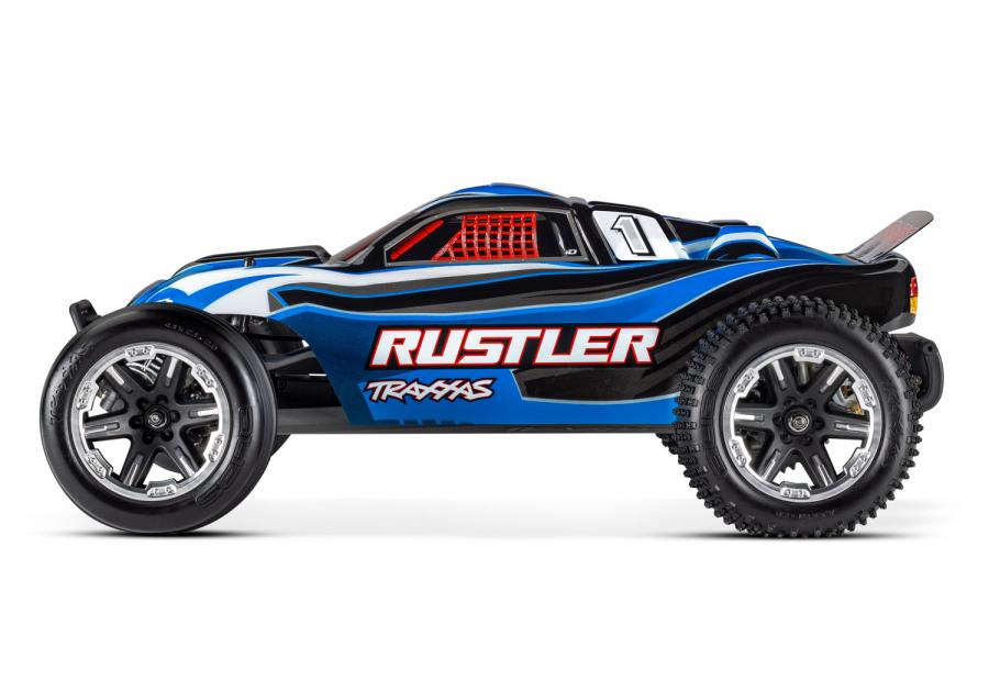 Traxxas Rustler 2WD 1/10 RTR TQ Blue LED RC-auto + akku ja laturi TRX37054-61-BLU