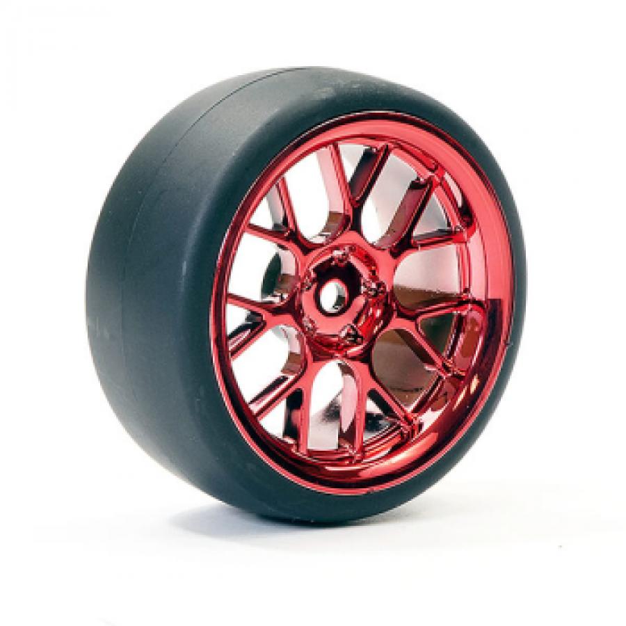 FASTRAX 1/10 (4) DRIFT D1 TYRE w/3MM 14-SPOKE WHEEL - MET RED